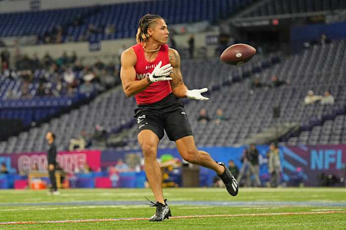 Mar 4, 2023; Indianapolis, IN, USA; Princeton wide receiver Andrei Iosivas (WO24) participates in drills at Lucas Oil Stadium. Mandatory Credit: Kirby Lee-USA TODAY Sports